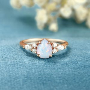 Solid gold White Opal Engagement ring Anniversary bridal ring diamond Moissanite promise  wedding ring Vintage Pear Shaped ring for women