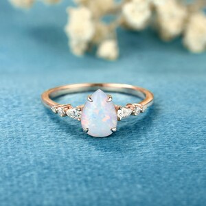 Pear Shaped White Opal Engagement ring Solid gold diamond bridal ring Moissanite promise ring Anniversary Vintage wedding ring for her