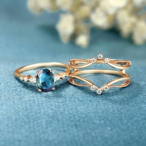 Blue Green Sapphire Enhancer bridal set Curved Enhancer Double ring set Anniversary Marquise engagement ring Diamond moissanite Unique ring