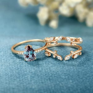 Double Solid Gold Alexandrite Enhancer ring set Curved engagement bridal set Vintage Marquise  Moissanite Diamond wedding band Anniversary