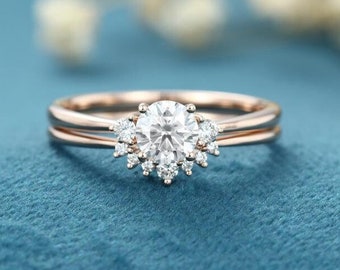 Rose gold engagement ring Moissanite engagement ring set Three stone for women Curved Diamond wedding band Anniversary Cluster bridal ring