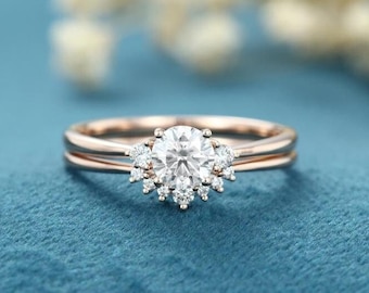 Rose gold engagement ring Moissanite engagement ring set Unique Cluster Three stone for women Curved Diamond wedding Bridal Anniversary gift