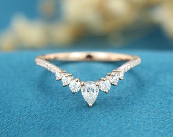 Oro rosa fede nuziale curva da donna, fede nuziale a forma di pera con diamanti, fede nuziale vintage, fede mezza eternità, fede nuziale impilabile unica, fede nuziale abbinata, promessa, anniversario