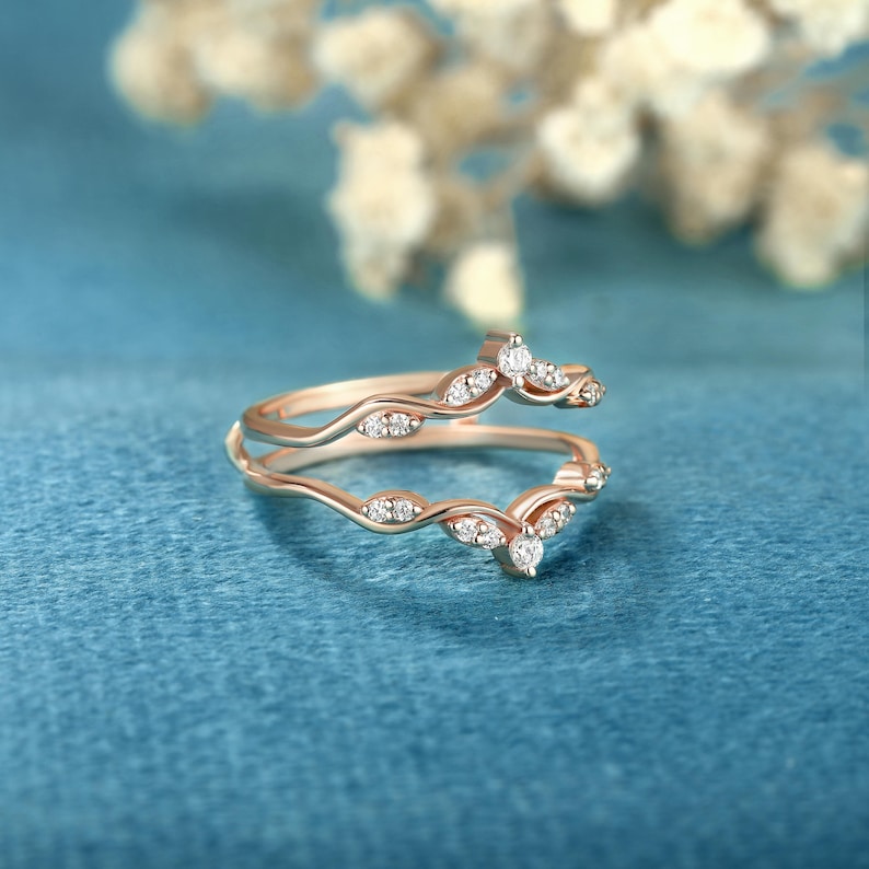 Curved Solid gold Enhancer ring Double Diamond wedding band Anniversary gift Moissanite Stacking Matching Enhancer Guard Jacket Band promise 10k/14k/18k white gold yellow gold rose gold sterling silver 925 platinum rose gold plated yellow gold plated