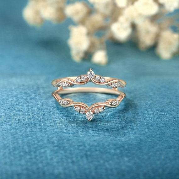 Curved Solid gold Enhancer ring Double Diamond wedding band Anniversary gift Moissanite Stacking Matching Enhancer Guard Jacket Band promise
