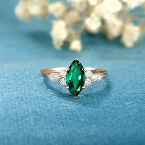 Marquise Emerald Engagement ring Solid gold diamond promise bridal ring Moissanite Unique art deco ring Anniversary Vintage wedding ring