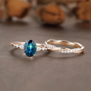 Oval blau Saphir Verlobungsring Set Verdreht Solid Gold Ehering Vintage Birne Diamant Cluster Ring Jubiläum Versprechen handgefertigter Ring