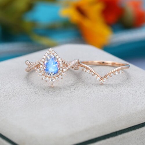 Unique Pear Moonstone Wedding Ring Sets Vintage 14K Rose Gold - Etsy