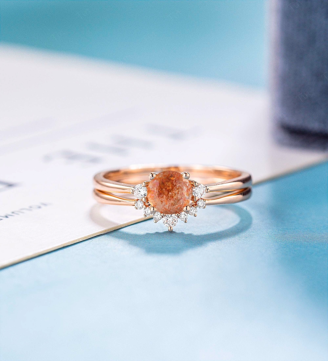 Sunstone Bridal Set, Rose Gold Diamond Moissanite Engagement Ring ...