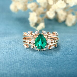 Emerald Double Enhancer engagement ring set Solid Gold bridal set Curved Anniversary Marquise wedding band Moissanite Diamond bridal ring