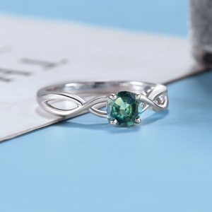Round cut blue green sapphire engagement ring, solitaire twist band wedding ring, Vintage teal sapphire bridal ring, prong set simple ring