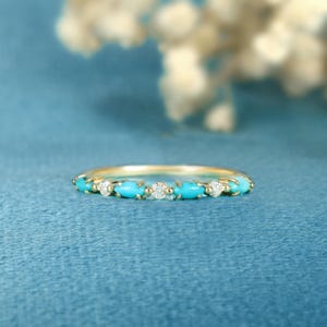 Turquoise Wedding band Vintage moissanite Wedding band Anniversary Wedding band Art deco Solid gold ring Anniversary Unique promise ring