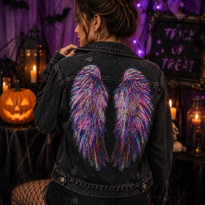 Large Rainbow Pink Sequin Wings Embroidered Iron On Patches 2pcs