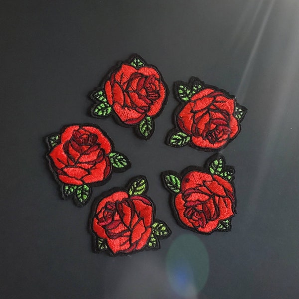 5pcs Two Tone Red Roses Embroidered Iron On Patches