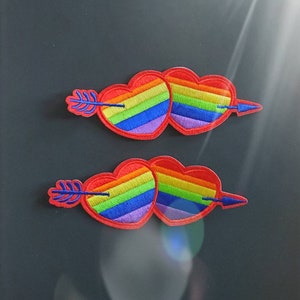 Rainbow Double Hearts Embroidered Iron On Patches - 2pcs