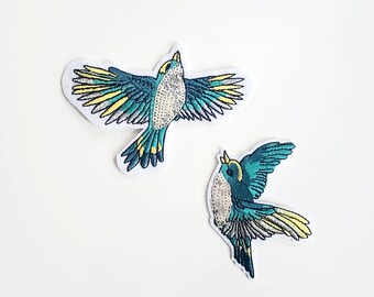 Set of 2 Blue and Silver Birds Embroidered Iron On Patches