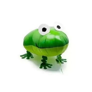 May include: A green frog-shaped balloon with large white eyes and black pupils. The balloon has four green feet and is inflated. The frog balloon is a fun party decoration.