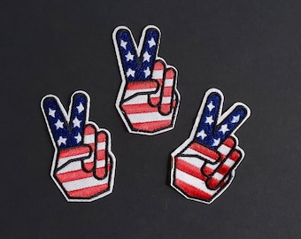 USA Flag Peace Hand Signs Embroidered Iron On Patches - 3pcs