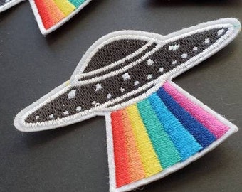 UFO Rainbow Alien Spaceship Embroidered Iron On Patch