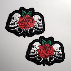 Set of Two Biker Skulls Rose Embroidered Iron On Patches
