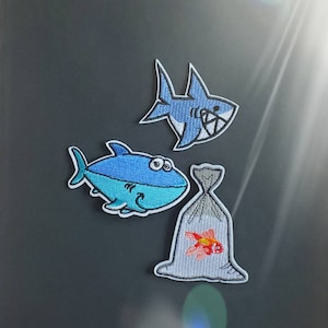 Écussons thermocollants brodés requin baleine et poisson rouge - 3 pièces