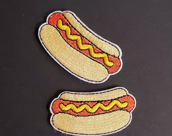 Set di 2 toppe ricamate a forma di hot dog da applicare con il ferro da stiro