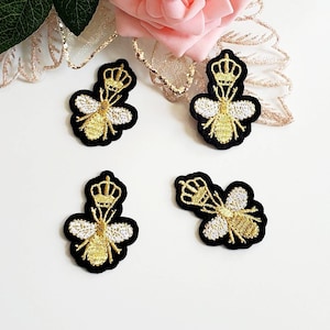 Set of 4 Gold Queen Bee Crown Embroidered Iron On Patches