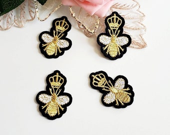Set of 4 Gold Queen Bee Crown Embroidered Iron On Patches