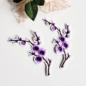 Set of 2 Purple Cherry Blossoms Embroidered Iron On Patches