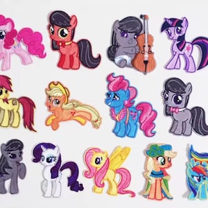 May include: A collection of colorful embroidered pony patches. Each patch features a different pony design with various colors, including pink, yellow, blue, and purple. The patches are suitable for decorating clothing or accessories.