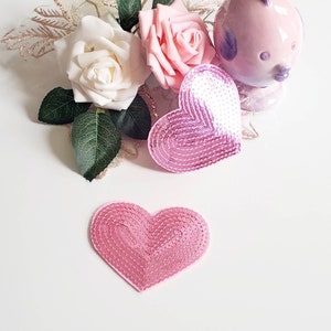 Sequin Pink Hearts Embroidered Iron On Patches - 2pcs