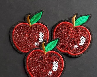 Red Apples Sequin Embroidered Iron On Patches - 3pcs