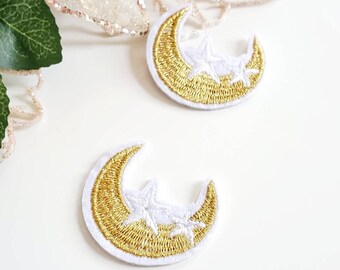 Set of Two Gold Moon Star Embroidered Iron On Patches