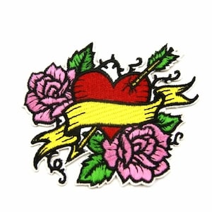 May include: Embroidered iron-on patch featuring a red heart pierced by an arrow, surrounded by two pink roses and a yellow banner.