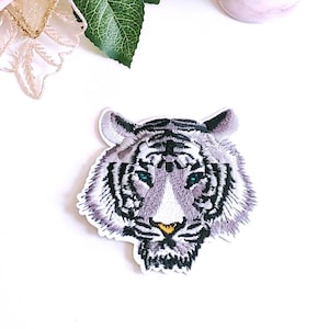 White Grey Tiger Embroidered Iron On Patch