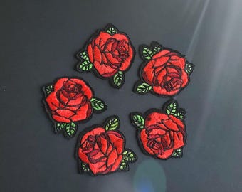 5pcs Two Tone Red Roses Embroidered Iron On Patches