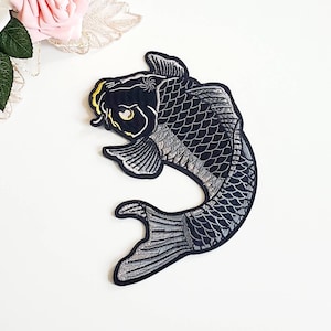 Large Black Koi Fish Embroidered Iron On Patch