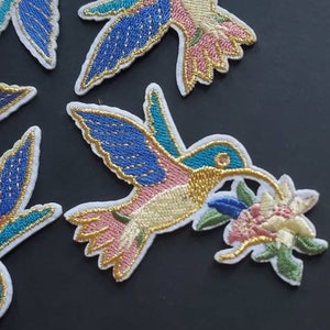 Rainbow Humming Bird Gold Trim Embroidered Iron On Patch