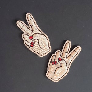 Peace Hands Red Nails Embroidered Iron On Patches - 2pcs