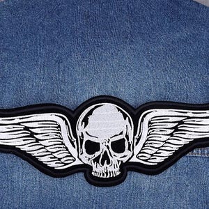 Wings and Skull Embroidered Iron On Patch (5.0"x14")