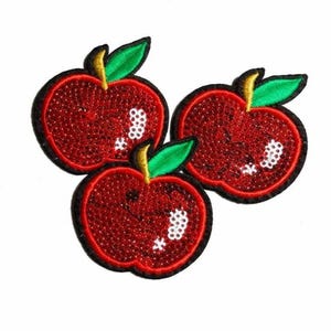 Apliques termocolantes bordados com lantejoulas em formato de maçãs vermelhas - 3 peças