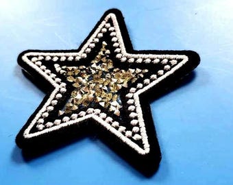 Silver Rhinestone Star Embroidered Iron On Patch