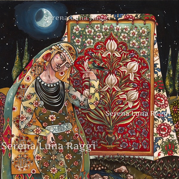 Art du Moyen-Orient, art persan, princesse afghane, décor afghan, illustration de la lune, miniature. Tirage d’art en édition limitée par Serena Luna Raggi.