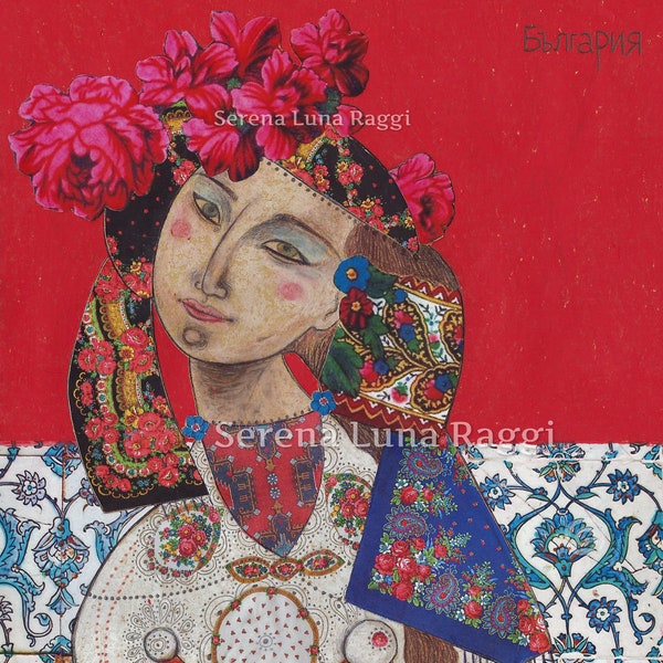 Bulgaria, feminine beauty, floral art, folk witch print, priestess, ethnic art. Serena Luna Raggi Art print. Limited edition. A3 size.