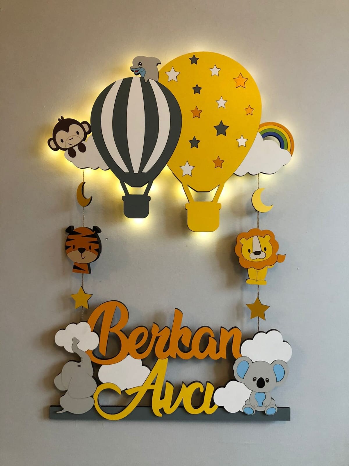 Personalized Wooden Wall-door Hanging/animals and Airballoon Lighted-up ...