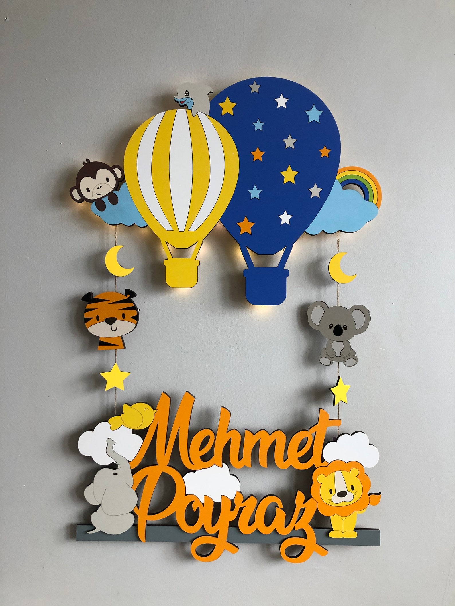 Personalized Wooden Wall-door Hanging/animals and Airballoon Lighted-up ...