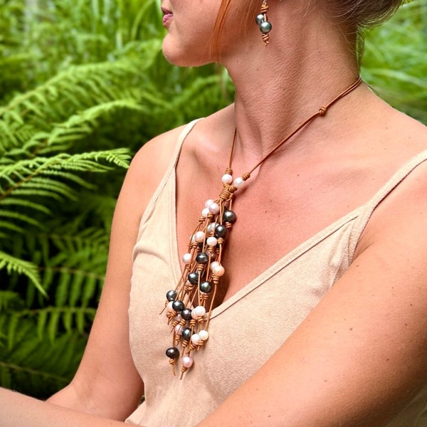 Tasseled High End Pearl and Leather Knotted Bohemian Beachy Necklace, Knotted Freshwater Pearl Necklace, Knotted Peacock Pearl Jewelry