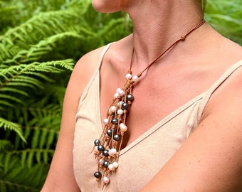 Tasseled High End Pearl and Leather Knotted Bohemian Beachy Necklace, Knotted Freshwater Pearl Necklace, Knotted Peacock Pearl Jewelry