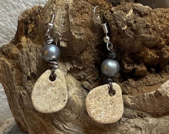 Freshwater Pearl and Florida beach stone Earrings, Hand knotted Leather Natural Stone, Southern Bohemian Rustic Beach Earrings, Gift for her