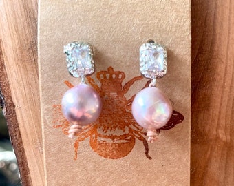 Mauve Pearl and Clear Crystal Rhinestone Earrings with Leather Hand tied accents.  Beachy, bohemian, southern, country, cowgirl, dressy